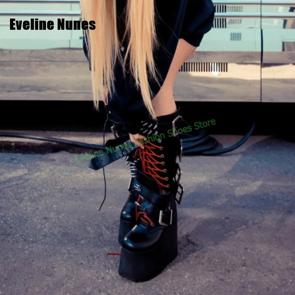 Y2K Rock Metal Platform Boots Women Red Lace Up Studded Buckle Wedge Knee High Boots Gothic Nightclub Street Style Footwear 2026