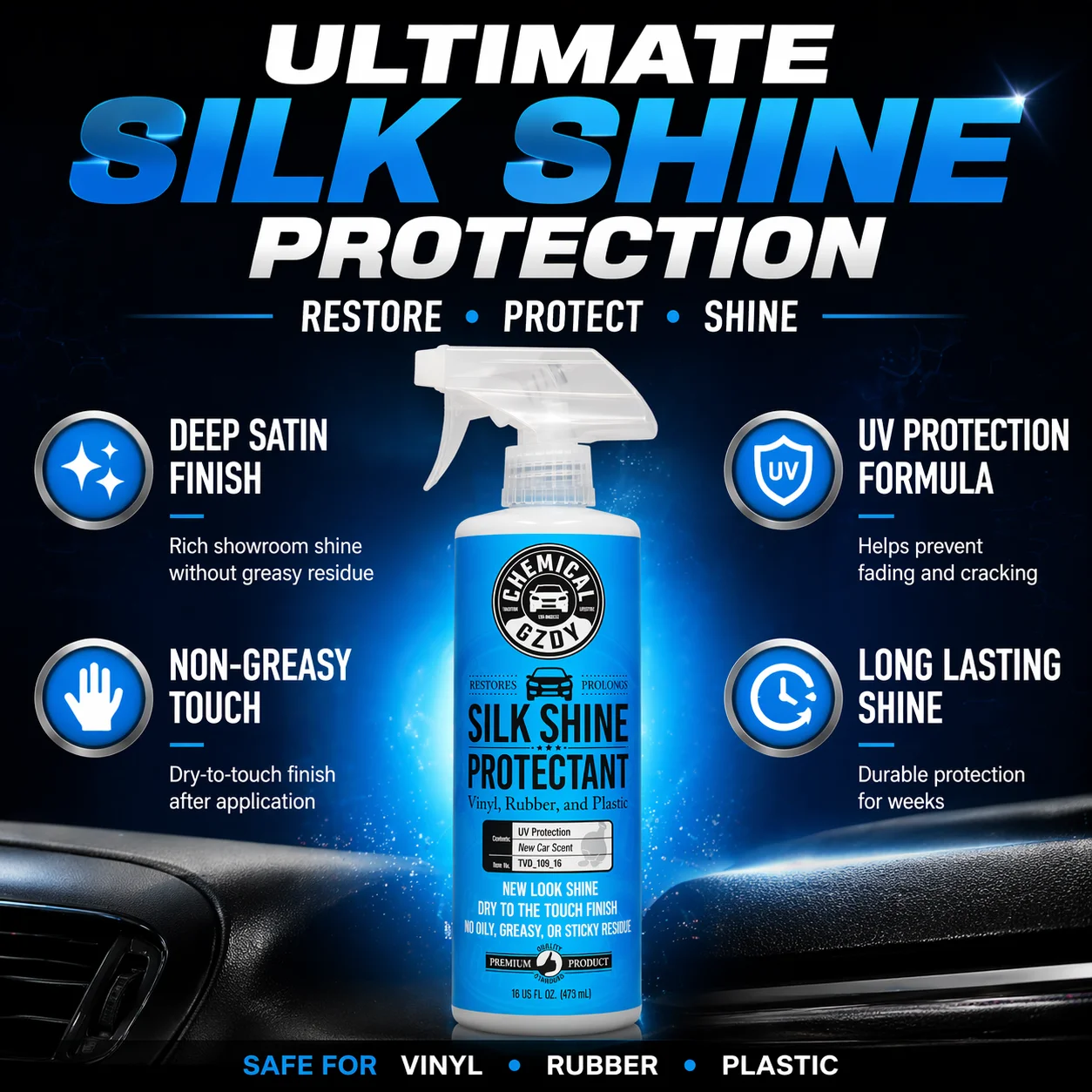 Silk Shine Protectant 16oz – Interior UV Dressing for Vinyl, Rubber & Plastic, Restores Shine, Non-Greasy Dry Finish