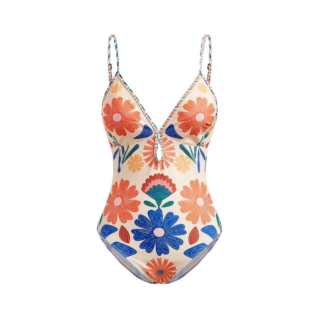 

Новый женский слитный купальник S-XL с цветочным принтом, V-образным вырезом и высоким вырезом на бедрах, модель SW796