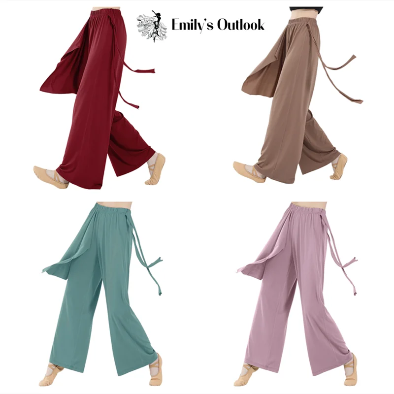 Flowy Chinese Folk Hanfu Pants Modern Dance Trousers Flowy Two Layers Skirt Loose Wide Leg Teacher Traning Clothes Practice XL