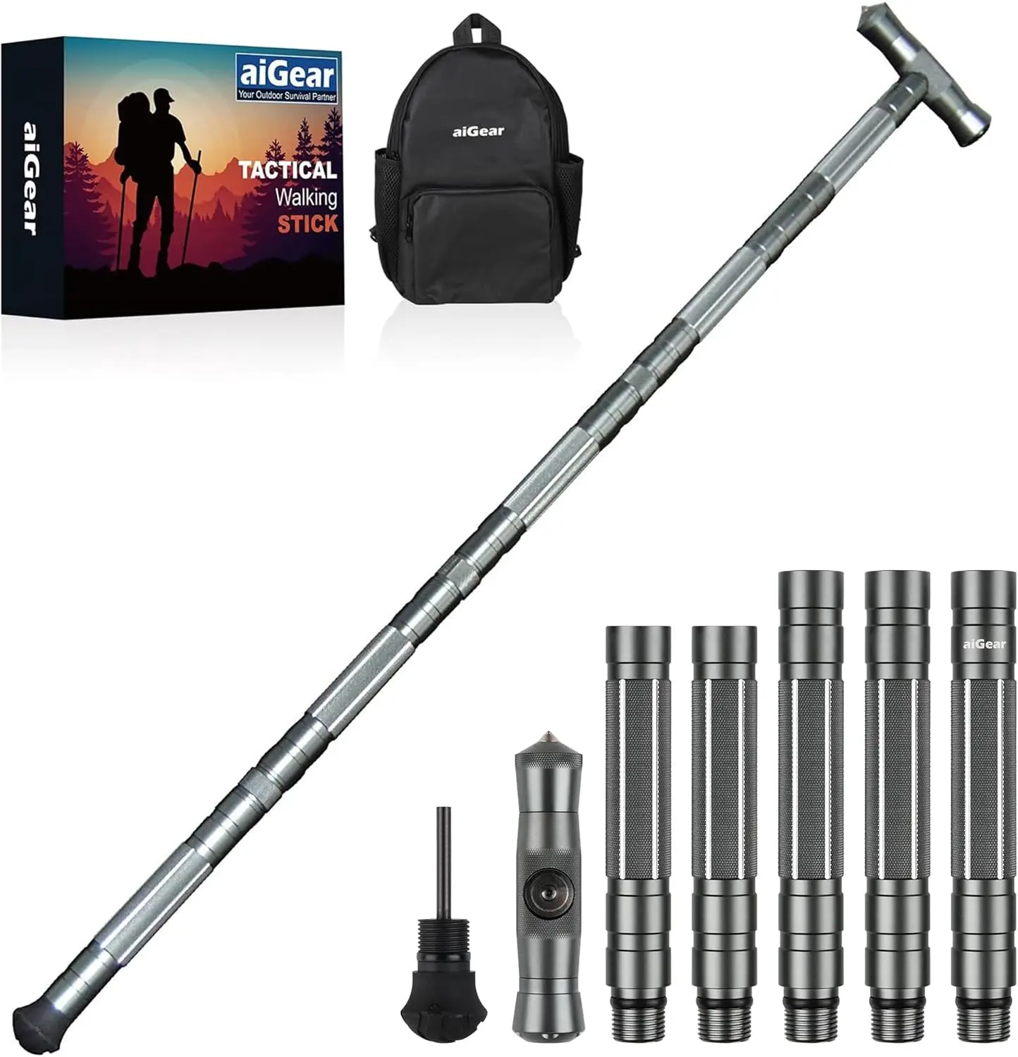 

Adjustable Hiking Walking Staff with Fire Starter and Tools - Durable Trekking Pole for Camping Outdoor