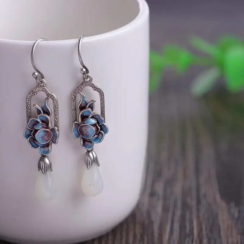 Natural Hetian White Magnolia enamel porcelain Pearl Earrings Chinese Bohemian charm women\'s silver brand jewelry