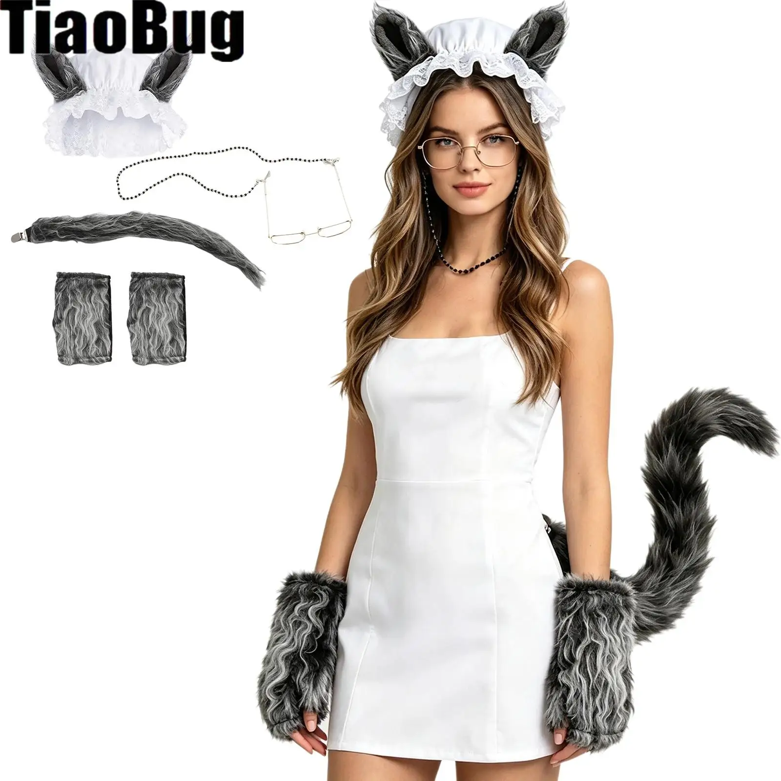 Adult Wolf Granny Costume Set Faux Wolf Tail Hat Gloves Glasses Half Face Mask And Hair Hoop Shoe Cover for Halloween Cosplay