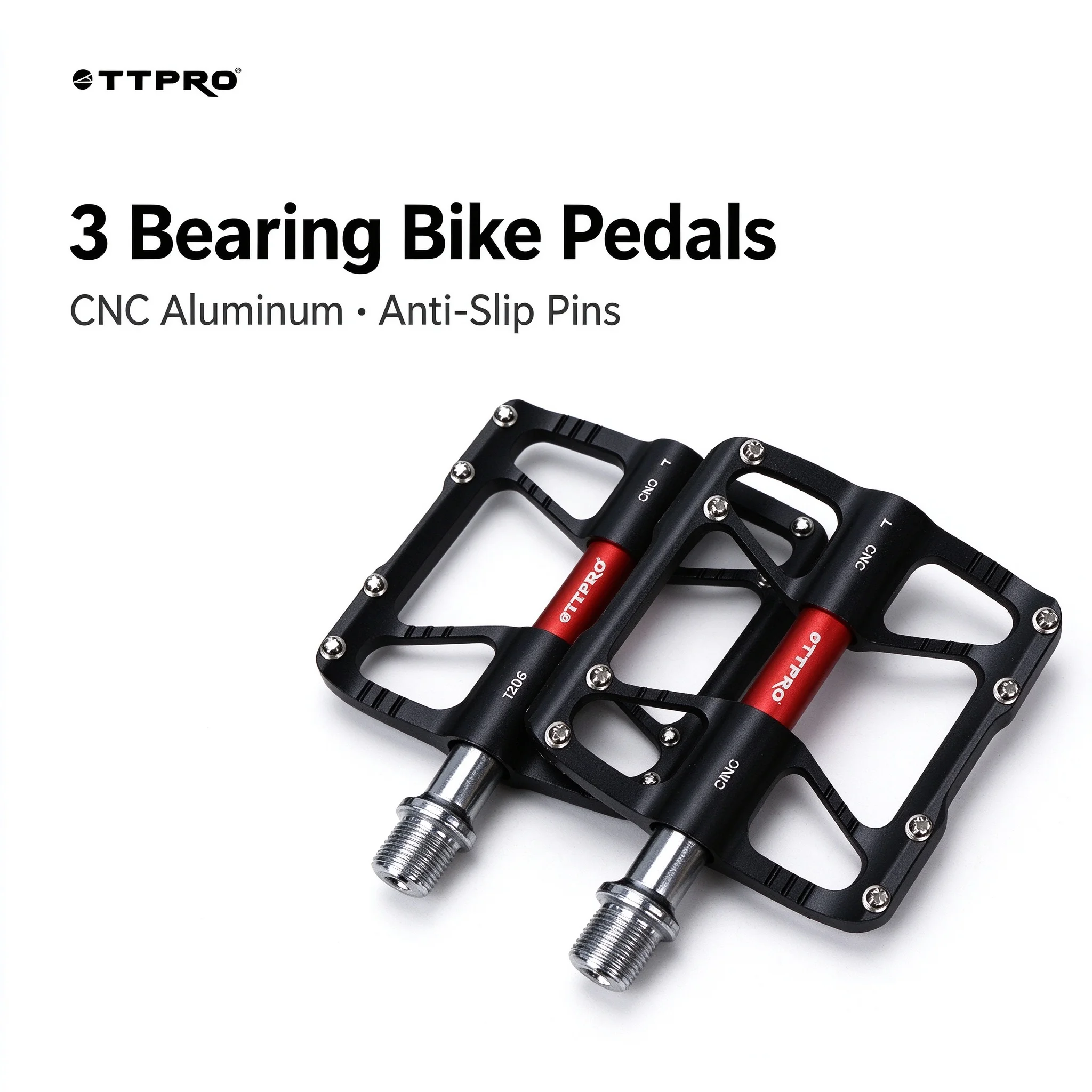 TTPRO T206 Ultralight 3 Bearing Bike Pedals CNC Aluminum MTB Road Bicycle Pedals Anti-slip 9/16 Platform Flat Cycling Pedals