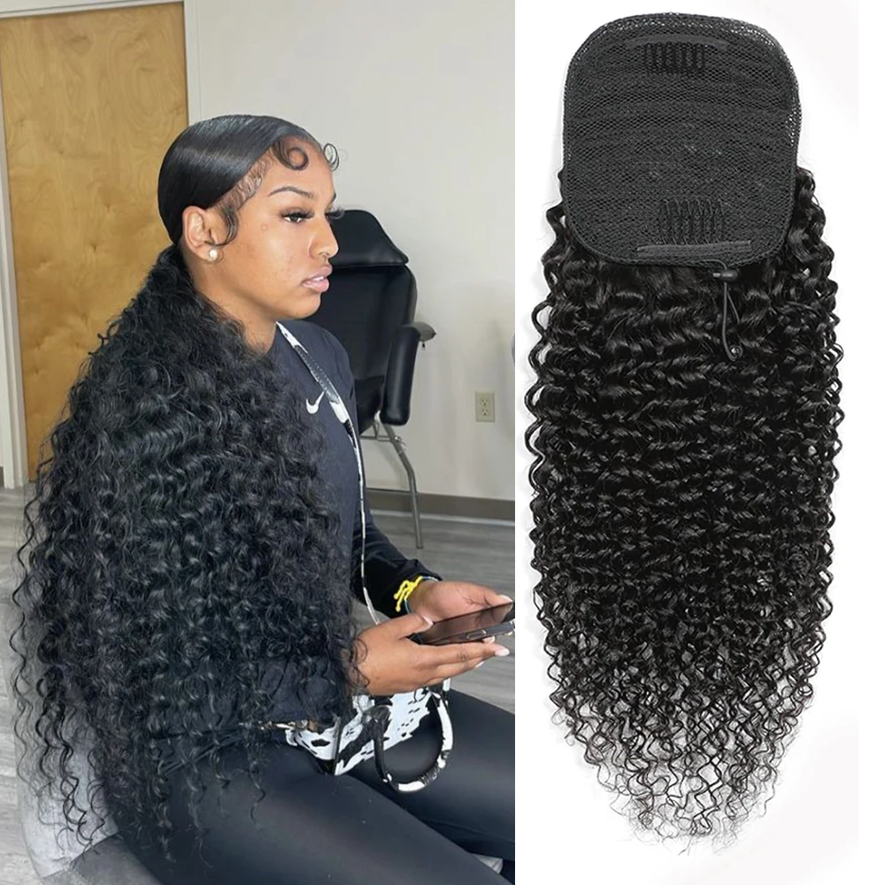 Kinky Curly Deep Wave Drawstring Ponytail Extensions for Black Women Human Hair with Clip in Thick Ponytail 100g