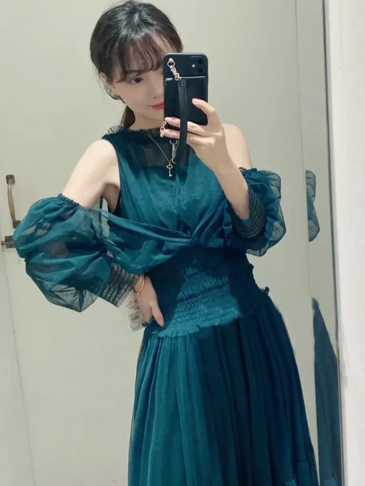 2023 Autumn New Sweet Puff Sleeve Waist Pleating Tulle Off-the-Shoulder Waist Dress High Waist Long Vestidos Elegantes De Mujer