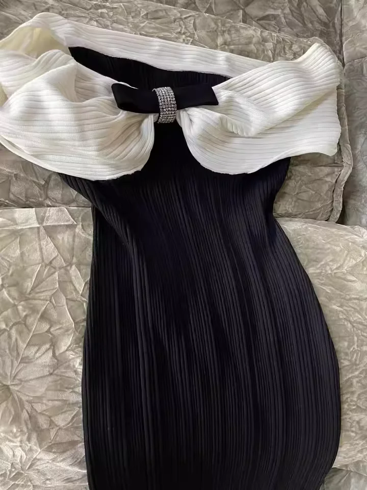 Black Bow One Shoulder Knitted Mermaid Dress Women 2024 Autumn New Collection Elegant Slim Long Dresses 5240251