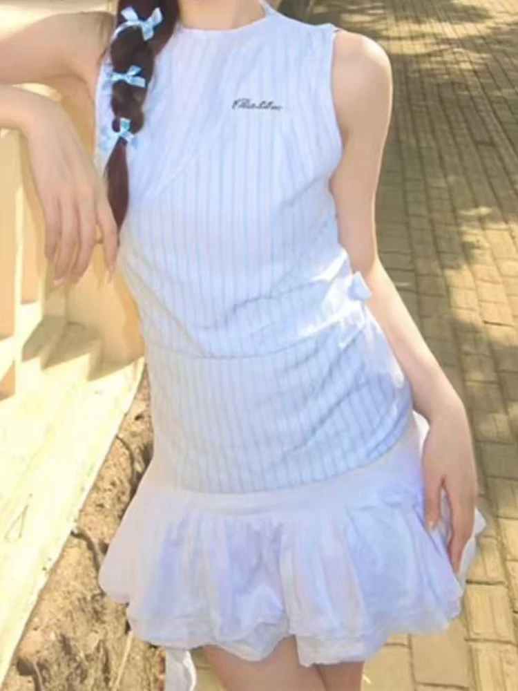 

Синее тонкое милое платье из двух предметов, женская полосатая рубашка без рукавов + однотонные платья нестандартной формы, новый корейский модный комплект Fairy Y2k