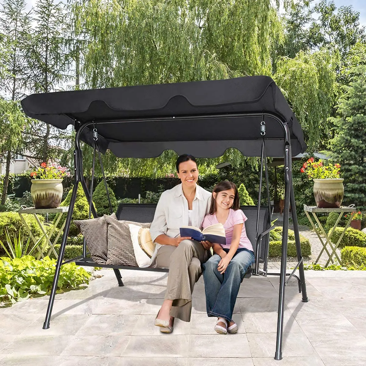3 Person Patio Swing Chair W/Adjustable Canopy & Steel Frame, Porch Swing Stand For Backyard Garden Balcony, Customized