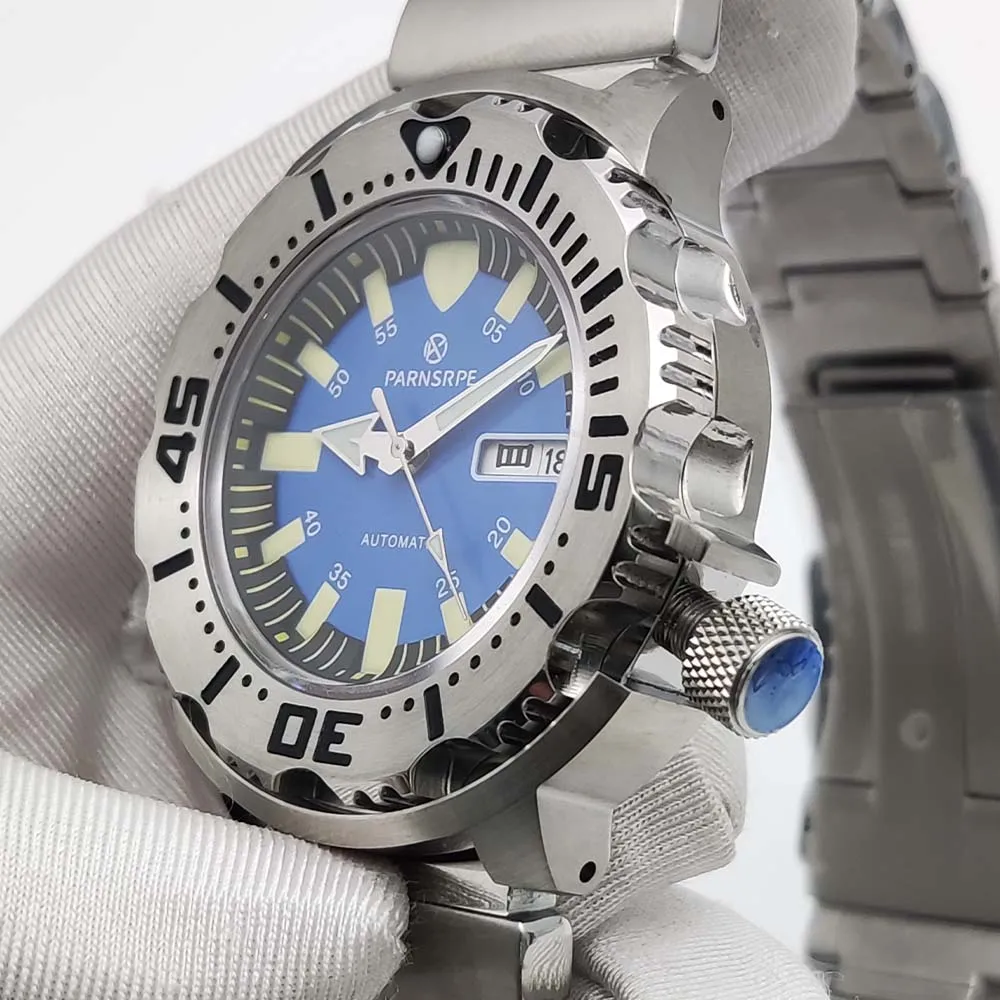 Parnsrpe New 45mm Blue Dial Luminous NH36 Automatic Stainless Steel Waterproof Watch Unidirectional Rotating Bezel
