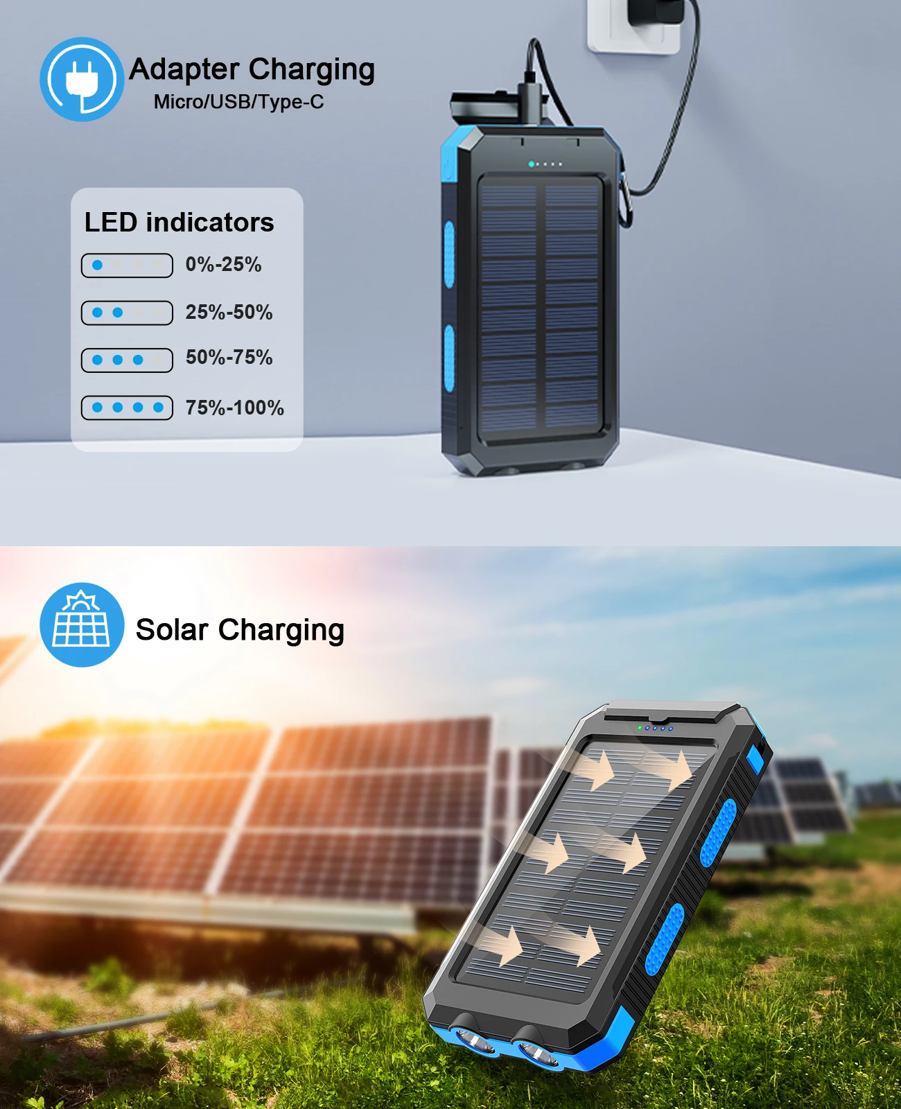 Solar-Powerbank 38800 mAh mit integriertem Kabel, leichtes und großes universelles mobiles Netzteil für Mobiltelefone