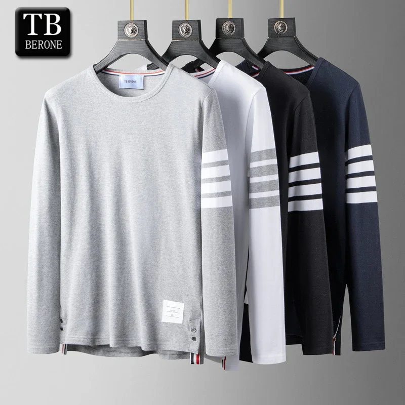 

TB BERONE Men's Sweater Autumn Trend Four-bar Thom Striped Long-sleeved Pullover Top Couple Wear Trendy Cotton Casual Brand