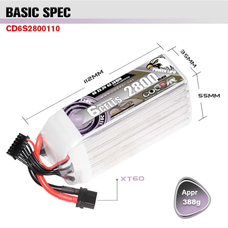 CODDAR 2800mAh 6S 22.2V Lipo Battery 110C With XT60 Plug FPV Power for Frame RC Helicopter Plane Car Accessories