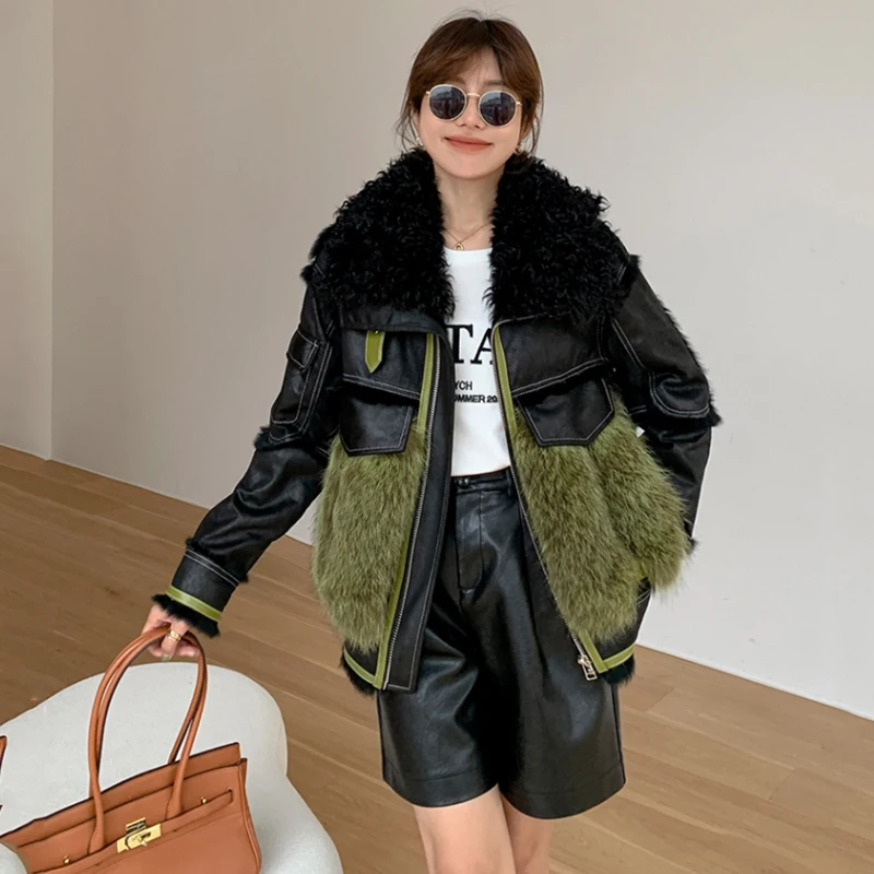 

2023 Real Fur Coat Female Winter New Medium and Long Rabbit Fur Splicing Outerwear Zipper Fox Fur Lapel Double-faced Fur Jacket