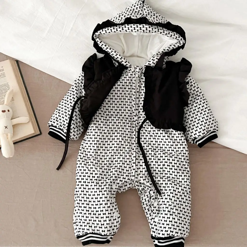 

2024 Korean Winter Baby Girls Onesies Cotton Padded Knotbow Printed Hooded Newborn Girl Snowwears Lace-up Infant Girl Waistcoat