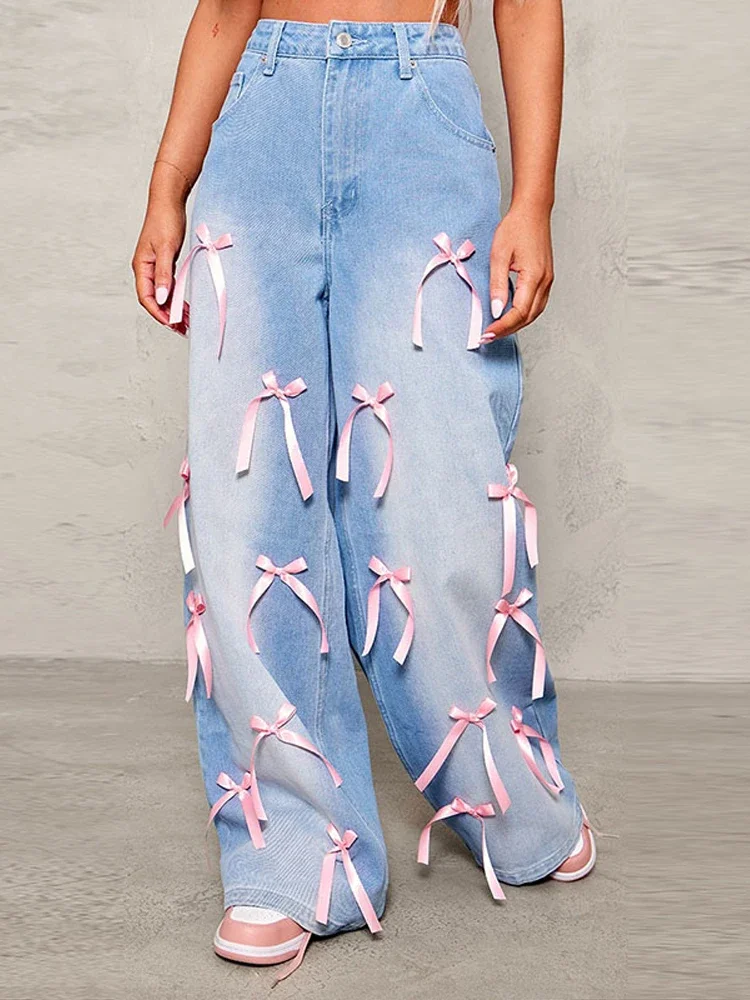 Designer Bow High Rise Women’s Jeans Wide Leg Denim Pants for Woman Washed Jeans with Pockets Baggy Denims Trousers