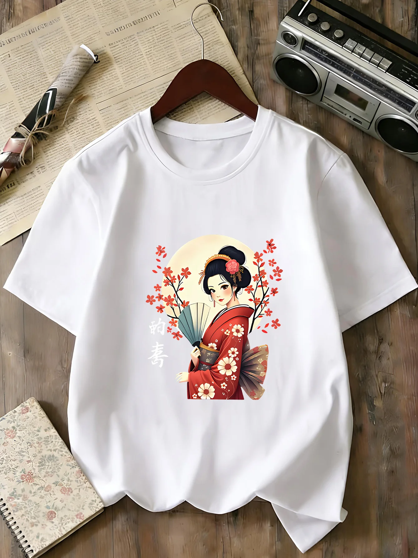 Boys Girls Family Matching Tee Oriental Geisha Cherry Blossom Fan Art Print Short Sleeve Soft Cotton Kids Daily Outdoor Outfit