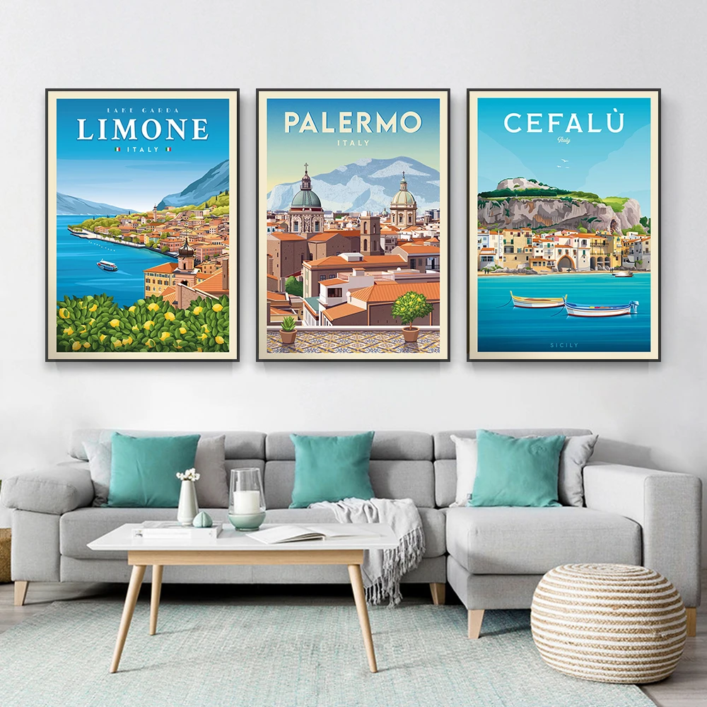Palermo Sicily Italy Travel Poster Modern Verona Italy City Minimalist  Print Cityscape Cefalù Sicily Landscape Canvas Painting
