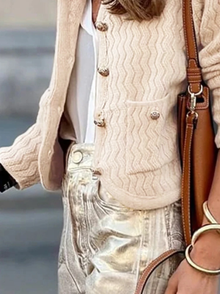 

Elegant Single Breasted Women's Commute Jacket Fashion Casual Pocket Texture Cardigans Autumn New Solid Color Long Sleeve Coat
