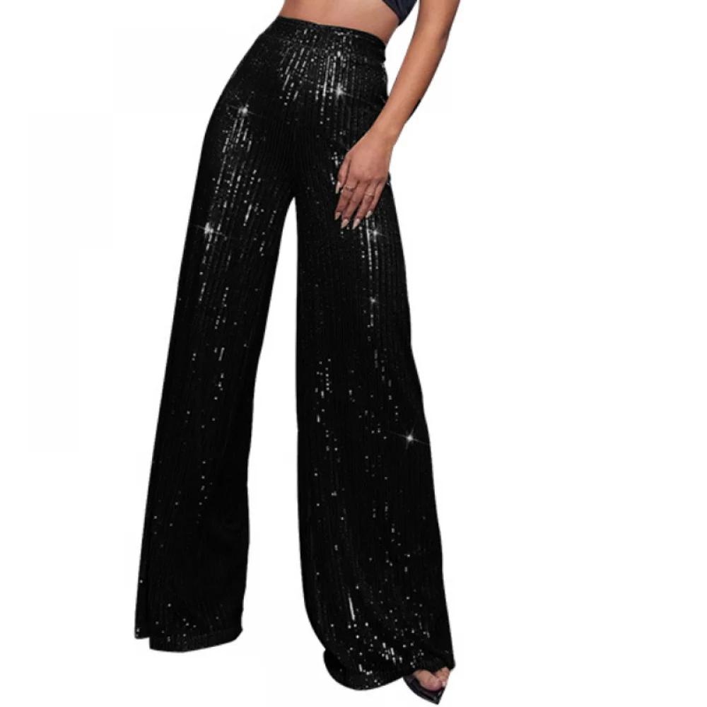 Pantaloni larghi scintillanti con paillettes Glitter da donna pantaloni Palazzo gamba dritta pantaloni Shiny Dance Bling Party Clubwear