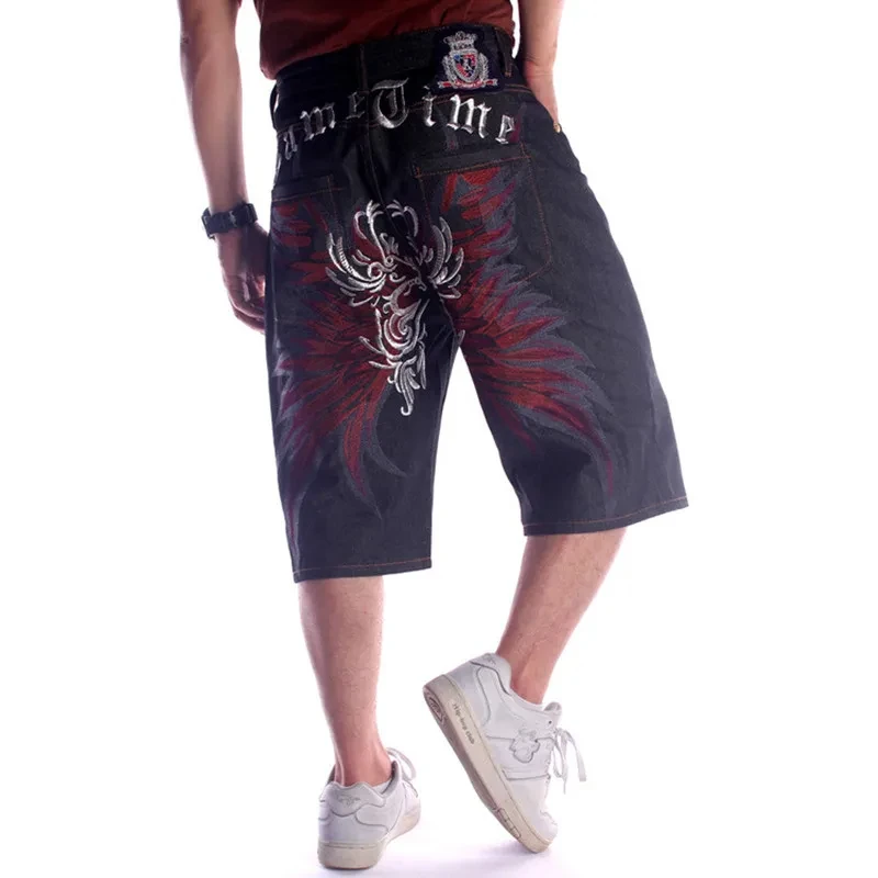Fashion Street Dance Wide Legs y2k Men Jeans Embroidery Black Loose Board Jeans Cropped Pants Plus Size 30-46