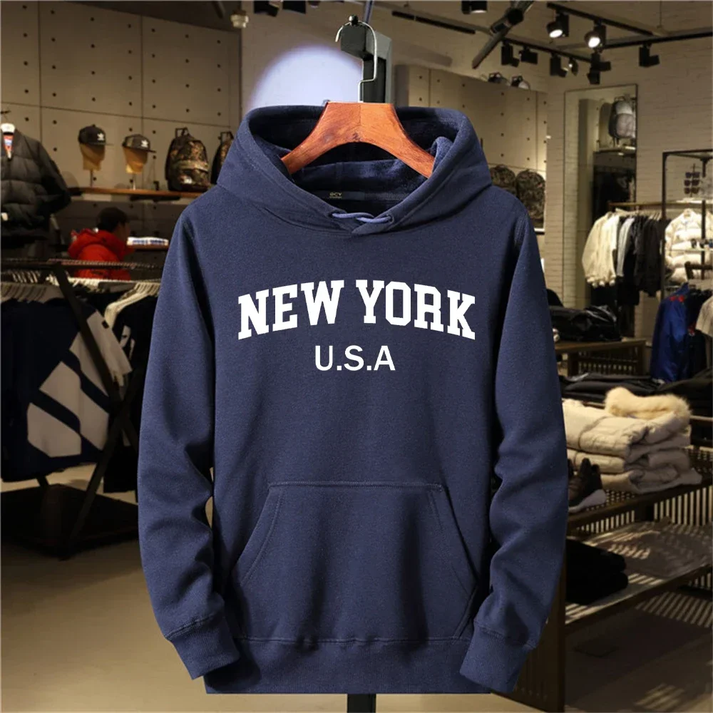 NEW YORK Letter U.S.A City Print Hoody Men Fashion Casual Long Sleeves Hooded Loose Oversize Pullover Hoodie Street Sweatshirt