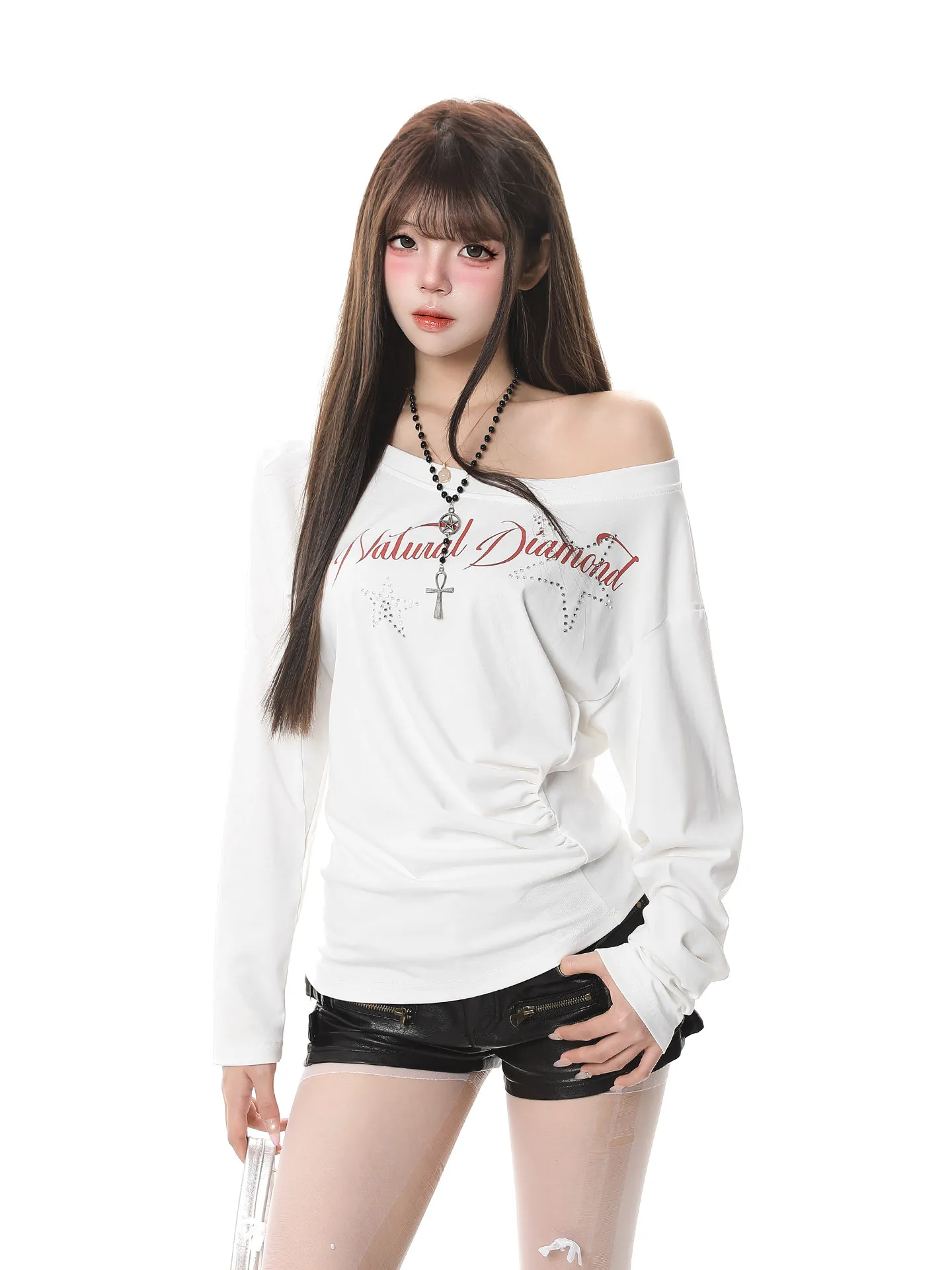 American Style Long Sleeve T-Shirt Women Slim Fit Shoulder Bared Casual Wear Double Sided Wear Spring New Style