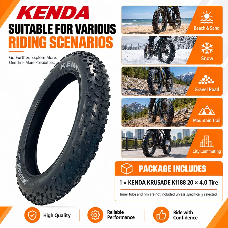 Kenda K1188 Krusade Fat Bike Tyre 20x4 0 SRC Waterproof Wire Clincher Black Comes With Inner Tube For Mountain Beach Cycling