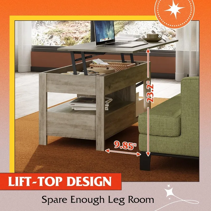 Coffee table, 39-inch height-adjustable top coffee table with hidden compartments, storage drawers and storage racks