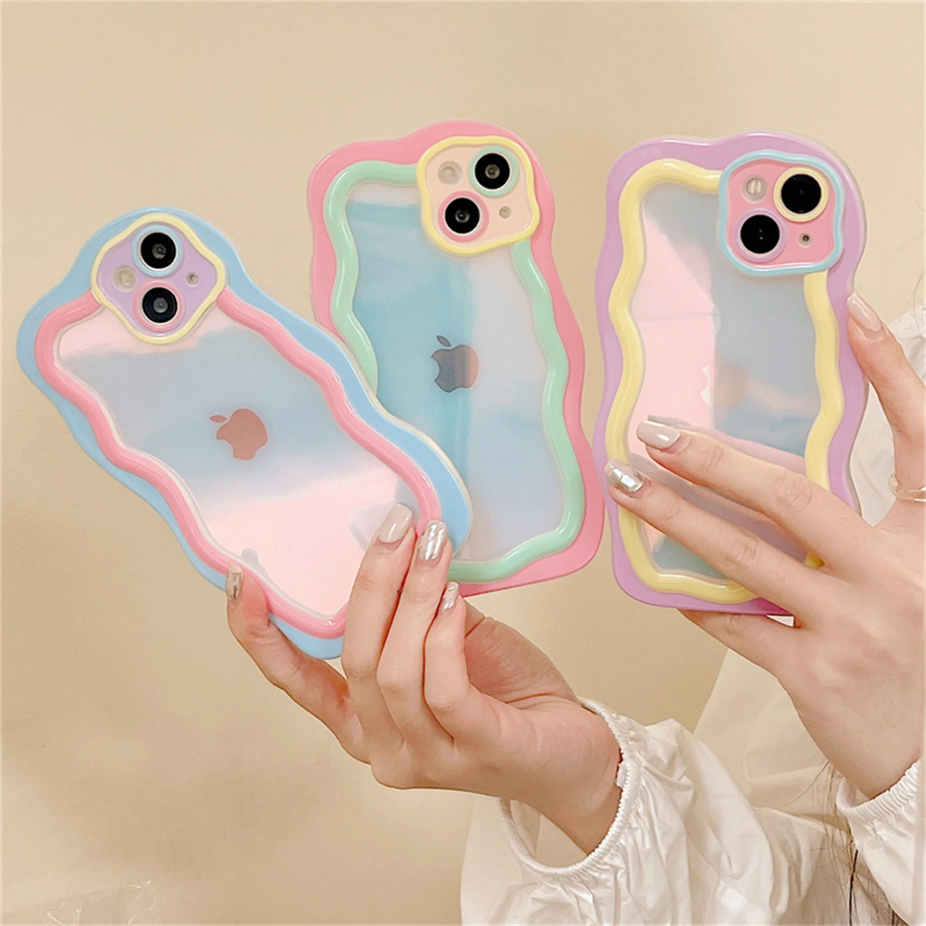 Cute Korean Candy Color Laser Gradual Change Wavy Irregular Clear Case for iPhone 16 15 14 13 12 Pro Max Kawaii Shockproof Cover