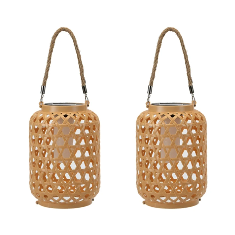 2Pcs Outdoor Solar Bamboo Lantern With Handle Hanging Light, Waterproof Solar Lantern, Natural Vine LED Decorative