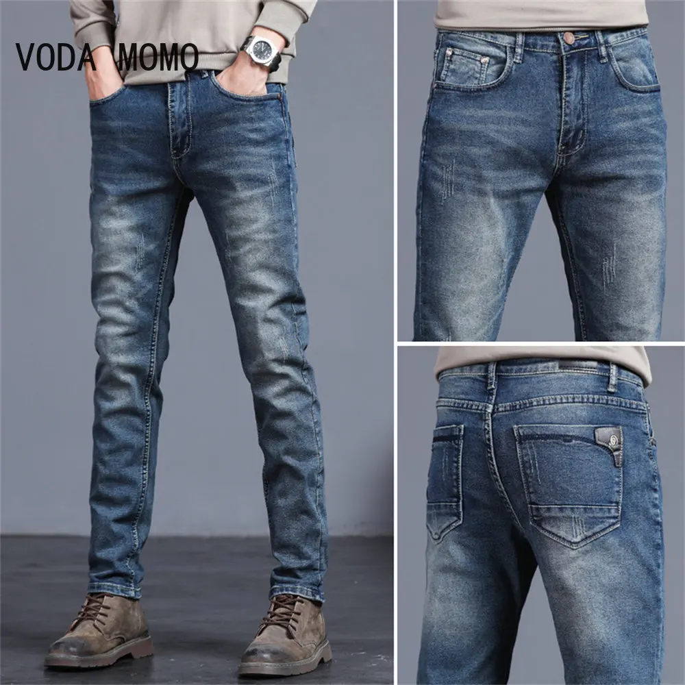 Men's Classic Regular Fit Fleece Jeans Business Fashion Loose Casual Stretch Pants Male Brand Plus Velvet Padded Warm Trousers