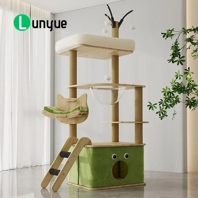 Solid Wood Cat Tree Multi Layer Space Capsule Climbing Frame with Sisal Toys Integrated Cat Nest Jumping Platform Shelf for