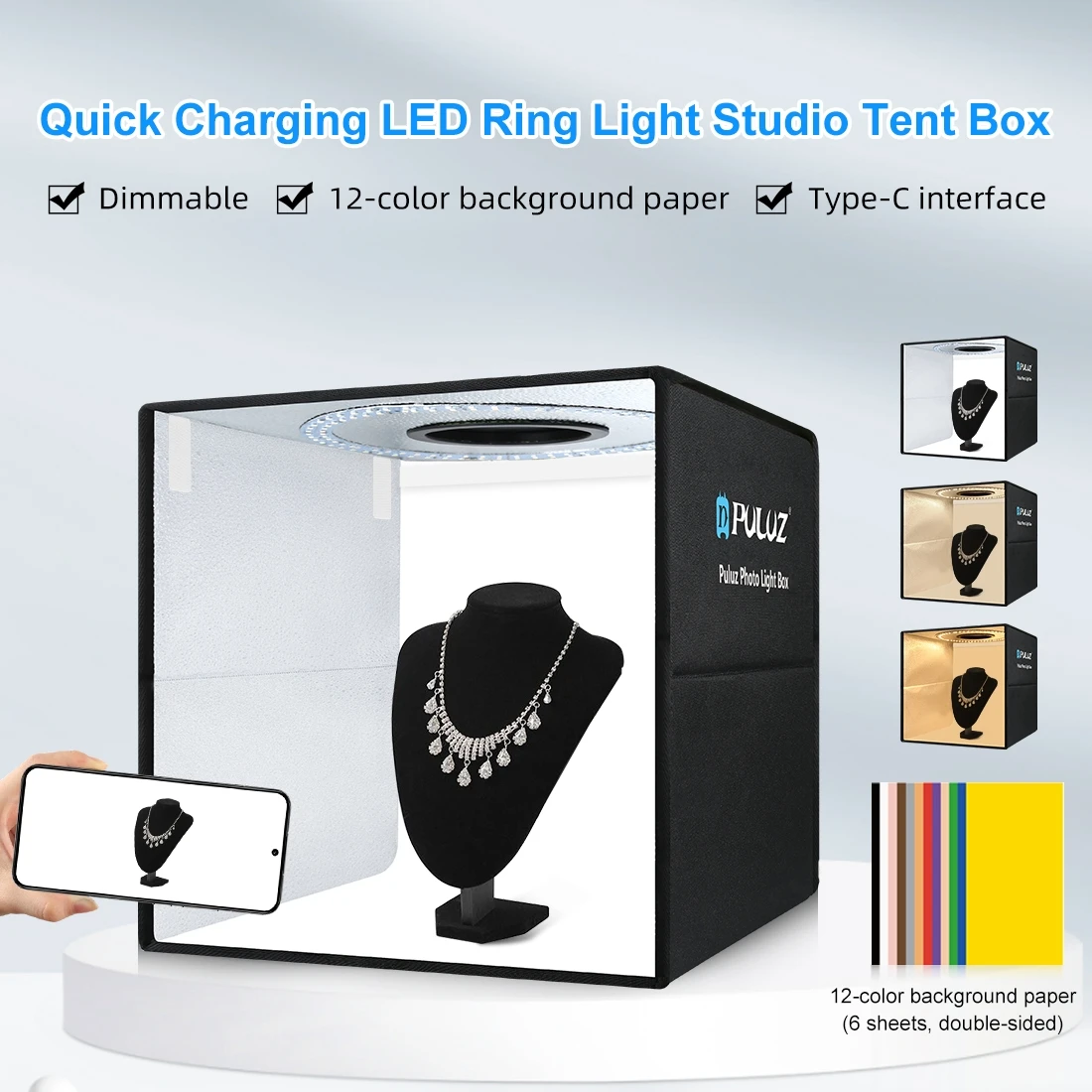 

PULUZ 40cm Folding Photo Studio Tent Box Kit with 160 LED Ring Light 6 Dual-side Color Backgrounds Quick Charge Type-C Soft Box