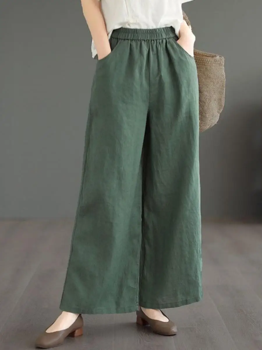 Cotton Linen Wide Leg Pants Women's 2026 Summer Nine Points Artistic Retro Straight Leg Loose plus Size Casual Trousers