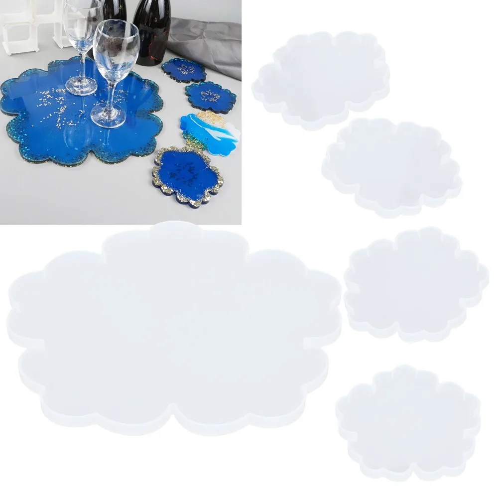 5pcs Flower Silicone Mould Set Large Tray Coaster Mould Flower Coaster Mould Silicone White Tea Tray Mould DIY Resin Casting