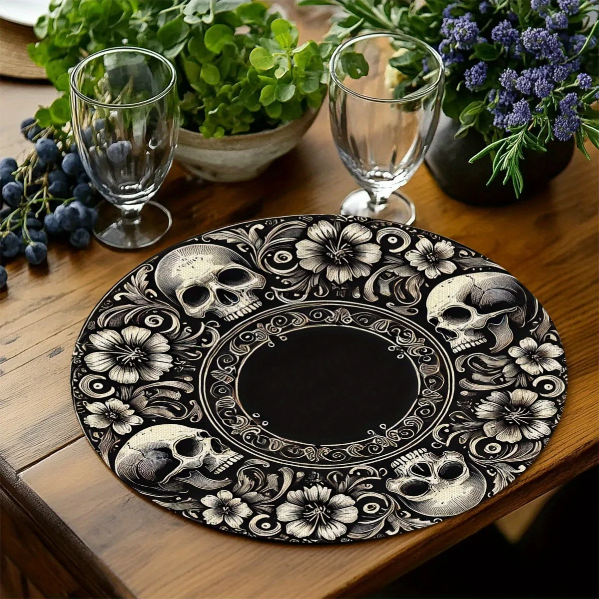 VIKAMA Floral Skull Round Placemat Gothic Vintage Table Mat Waterproof Heat Resistant Plate Pad Halloween Dining Decor