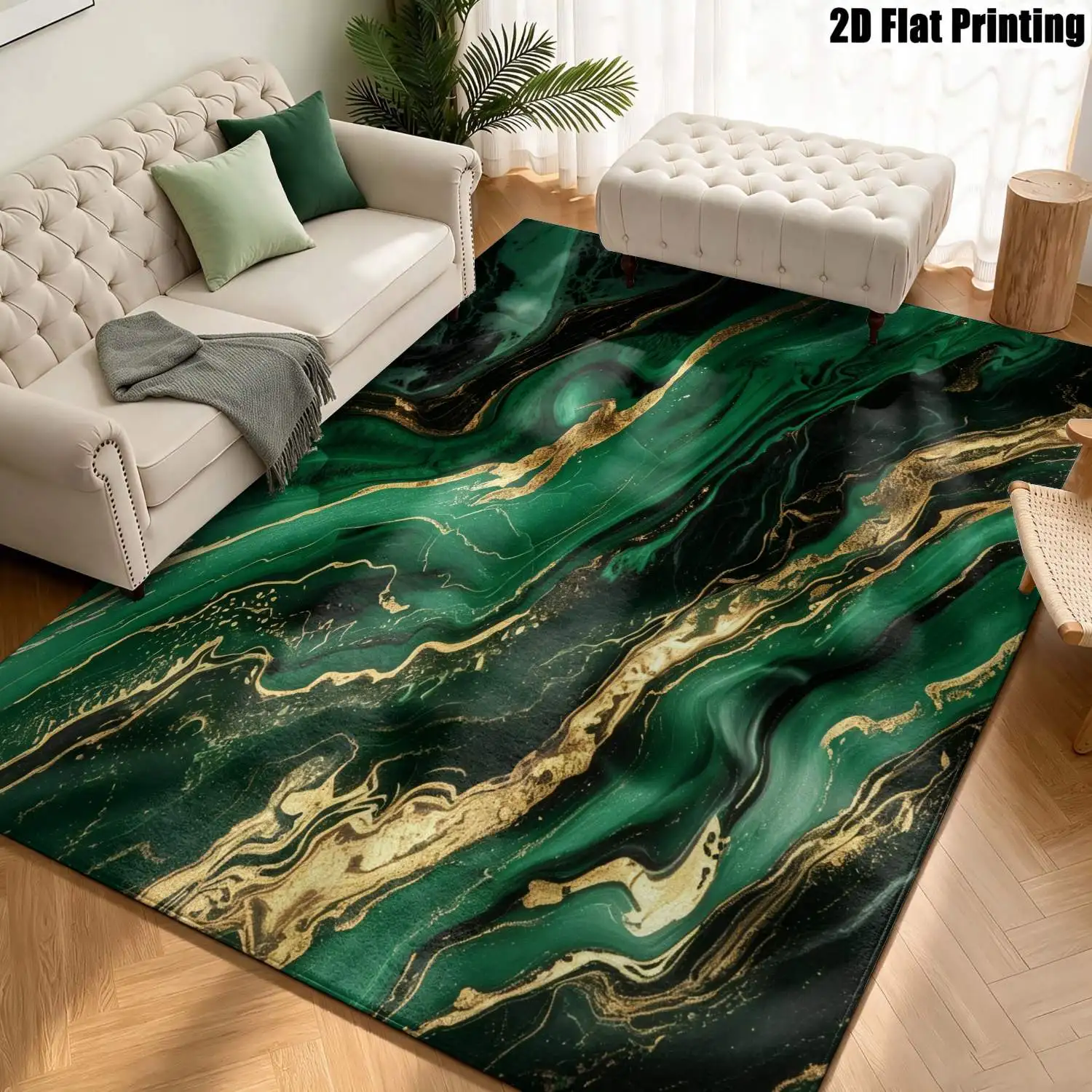 1Pc 2D Printed Carpet: Dark Green Gold Foil Abstract Art, Nordic/Instagram/Modern Vintage European Style, Geometric Striped Floor Mat, Home Decor, Multi-Size, Machine Washable, for Entrance, Dining, Foyer, Bedroom, Living Room