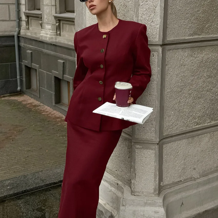 2025年新デザインセンス ウエストシェイプ ラウンドネック 長袖 スーツジャケット ツーピースセット ファッション 多用途 レディース ワインレッド