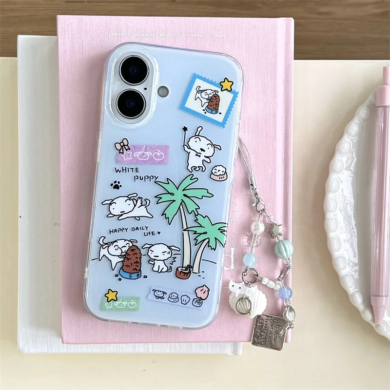 Kawaii الكرتون جرو قضية الهاتف آيفون 16 برو 15 14 13 برو ماكس غطاء مع سلسلة سحر سيليكون للصدمات لطيف حالات 16Pro