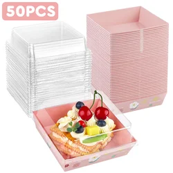 50 Pack Paper Charcuterie Boxes with Clear Lids, Disposable Sandwich Boxes Square To Go Food Containers for Desserts, Strawberri