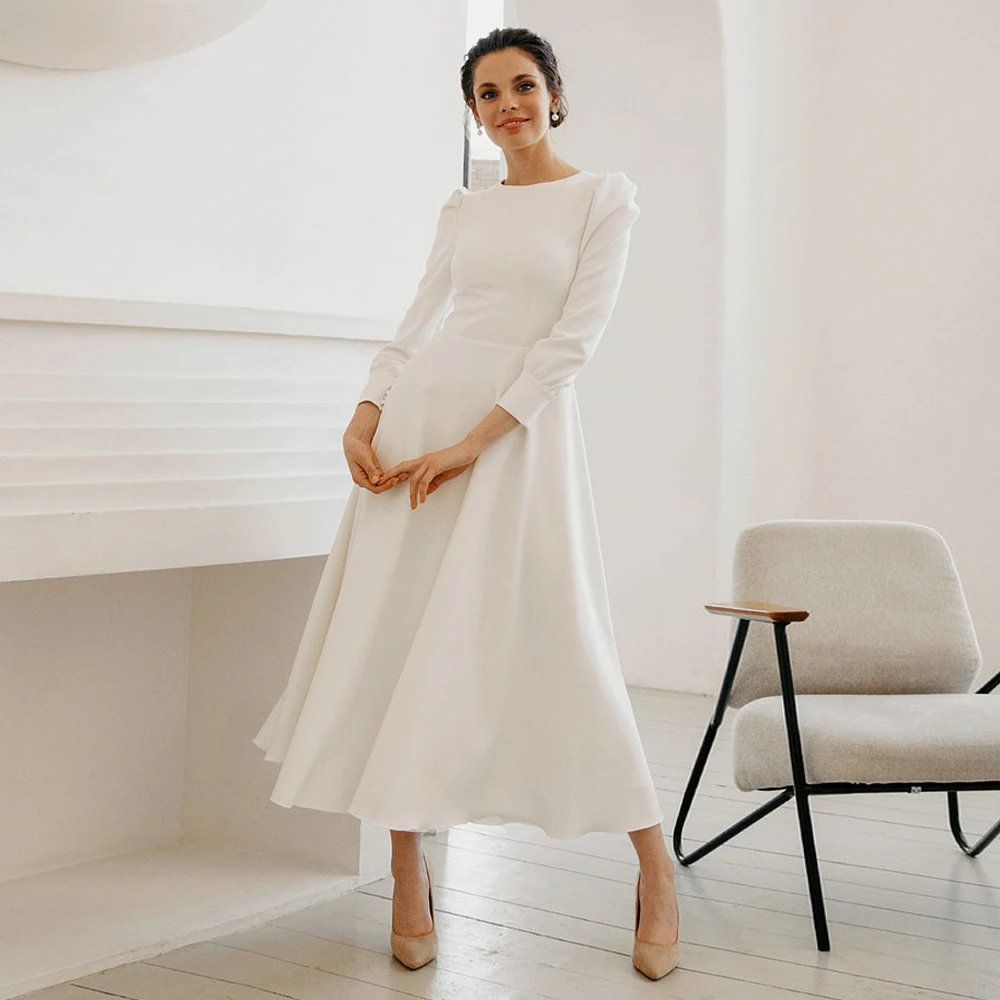 

Midi Wedding Dress for Bride 2023 O Neck Tea Length A Line Short Wedding Gowns Three Quarter Sleeves Ivory Simple Bridal Dress