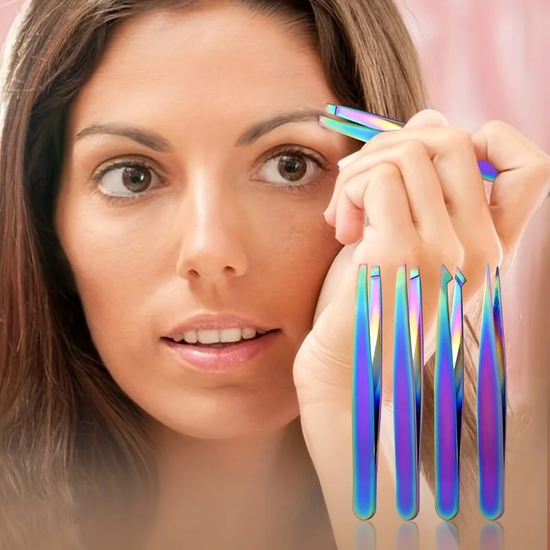 4pcs set Colorful Precision Eyebrow Tweezers, Stainless Steel Seamless Eyebrow Clips Multi-Functional Eyebrow Pliers
