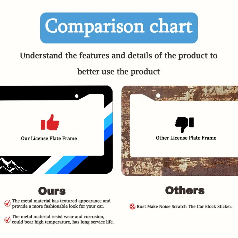 سيارة سوداء مبتكرة - إطار لوحة ترخيص مزخرف بطباعة جبلية وخطوط زرقاء، مادة ألومنيوم، تصميم بفتحتين