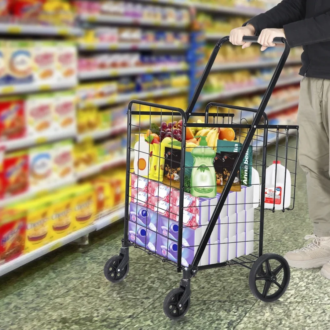Folding Shopping Cart for Groceries Laundry with Wheels and Double Basket Black