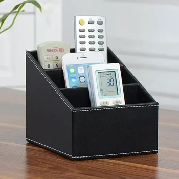 PU Leather Remote Control Holder Desktop Organizer Storage Box for TV Guide Mail Phone Office Sorting Lattice Cosmetic Pens Rack