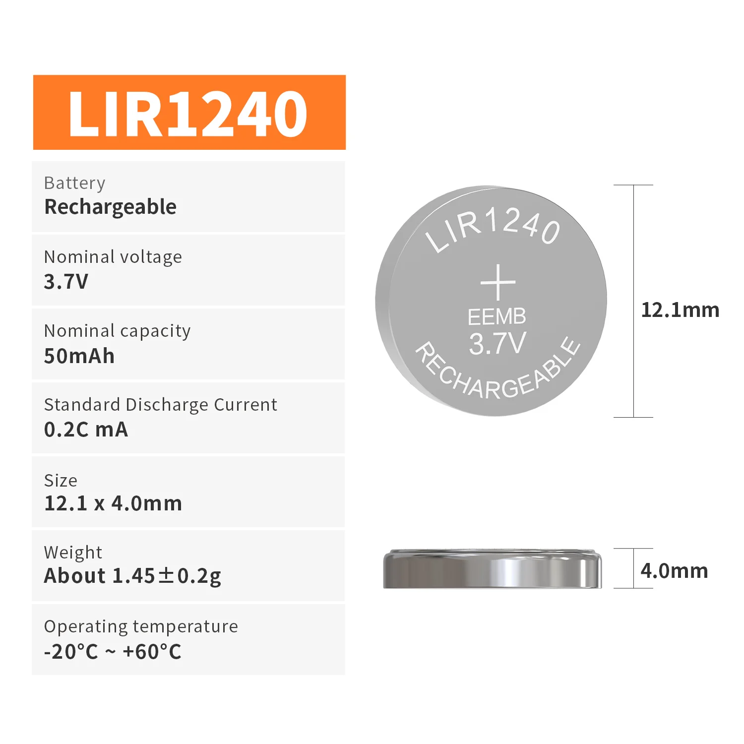 EEMB 2/10PCS LIR1240 Rechargeable Lithium Button Battery 3.7V 50mAh Wireless Bluetooth Earphones Hearing Aids Coin Battery