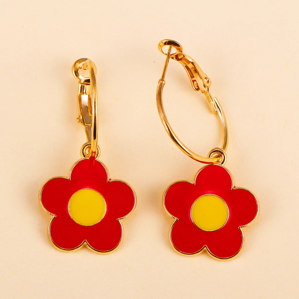 

2023 Lovly Metal Enamel Colorful Big Flower Pendants Dangle Hoop Earrings For Women Girls Fashion Drop Earrrings Accessories