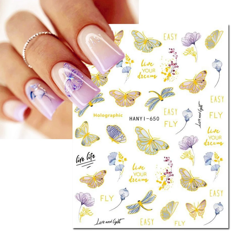 3D Nail Art Adesivos, Cores Doces, Linhas Douradas, Borboleta, Flores, Adesivos Sliders, Decalques de Unhas, Decoração, Salão, Beleza