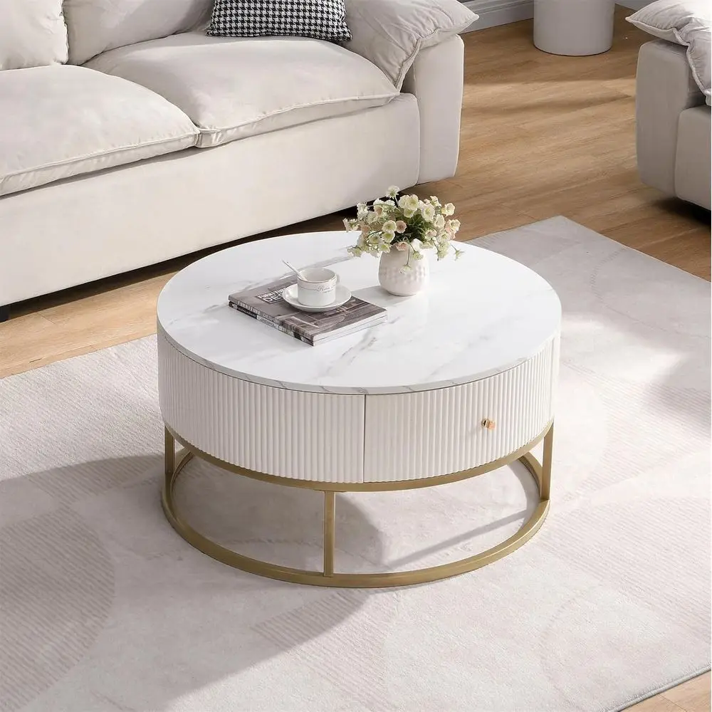 

Белый кофейный столик 31,5 дюйма с ящиками, мраморной столешницей и золотистыми металлическими трубчатыми ножками, круглый коктейльный столик для гостиной или домашнего офиса